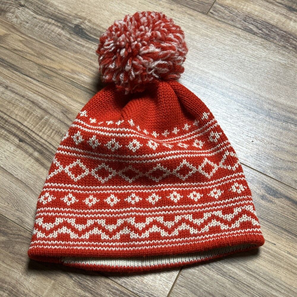 Wigwam Wool Red w/ White Pattern Winter Ski Cap Hat One Size Vintage